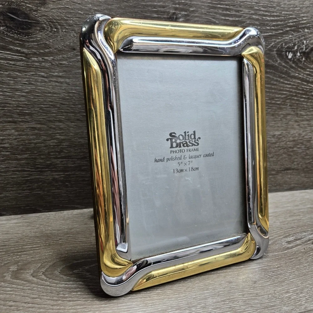 Vintage Solid Brass Two Tone Silver Gold Photo Picture Frame 5x7 Art Deco Korea